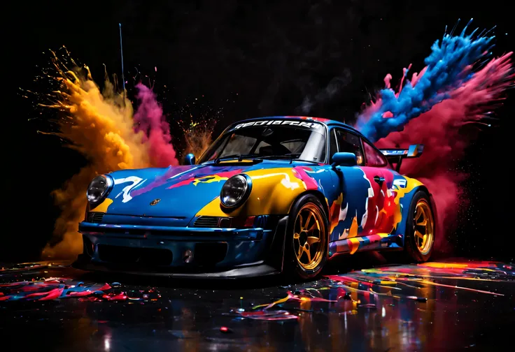 Porsche RWB, dans une photo de studio professionnel, fond noir, with a paint explosion behind the car, 4k, high quality