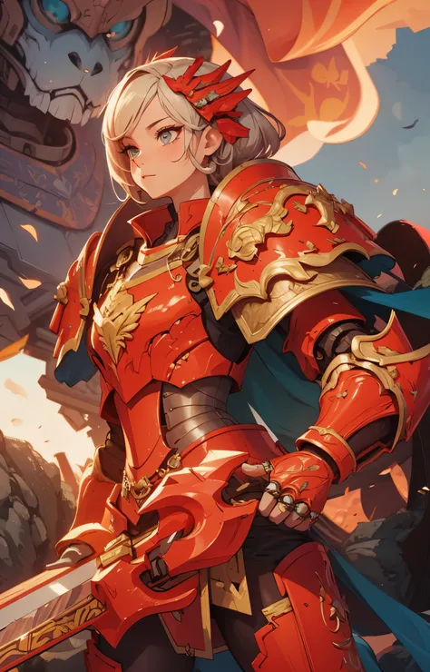 (detailed illustrations,Very detailed and precise drawing,Delicate drawn lines with tempo,Realistic texture expression),[color traced main line],(Fantasy World Battlefield Background [burning castle]),((ROBOT GIRL)(red knight[muscular][[METALFACE[clear len...