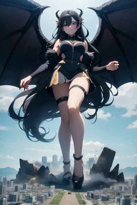 giant girl 50,000 feet high，Have a pair of long legs，Possessing a pair of huge demon wings，Has black waist-length hair，Loose hair，Wearing a pair of Mary Jane shoes，black curly hair，A look of enjoyment，Wearing a short skirt, standing upright in a small town...