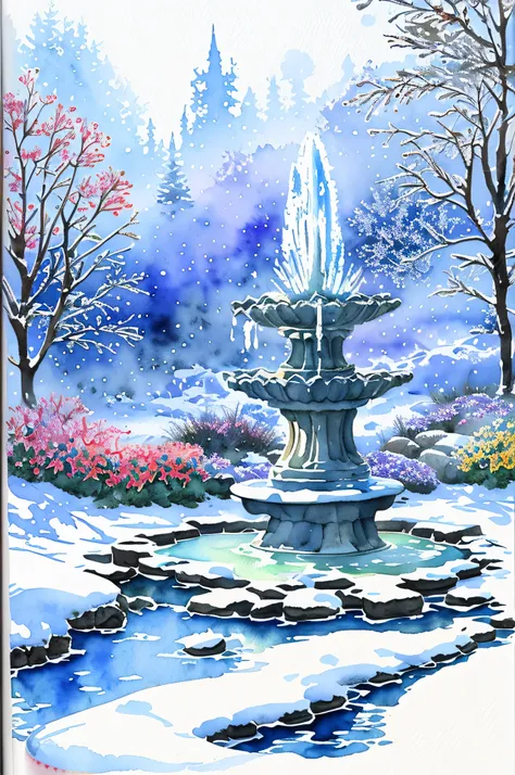 fountain-pen-sketch is addition watercolor coloring, frost punk, fire-fantasy flower, soul flower, holy, myth atmosphere, snow,