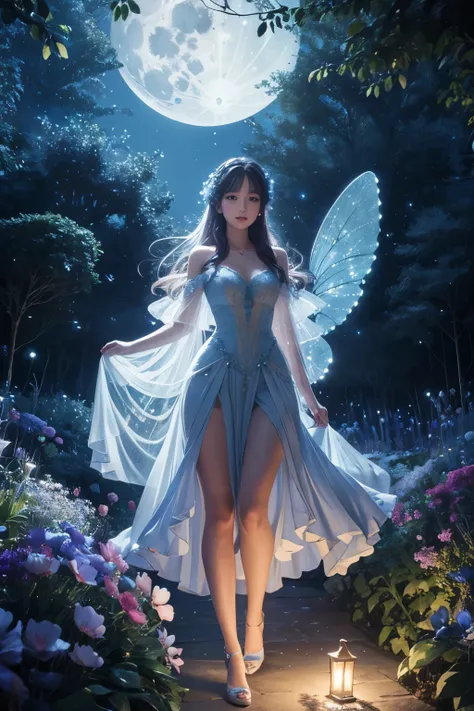 high quality, 8K Ultra HD, Enchanted Moonlit Garden, In the heart of the garden stands a beautiful graceful fairy-like figure, adorned in delicate, flowing garments that shimmer with starlight, Her wings glisten with moonbeams as she spreads a sense of won...