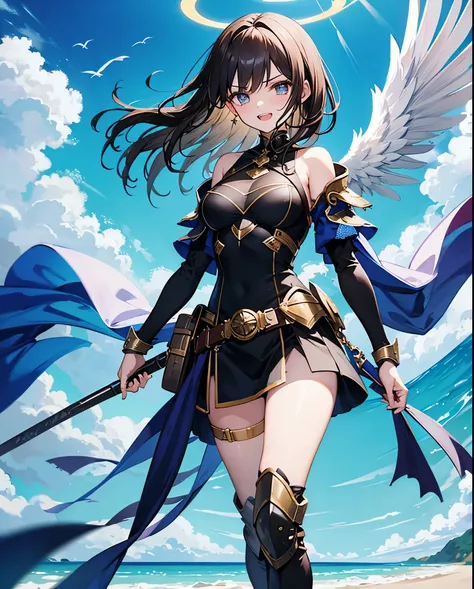 fantasy, 1angel_girl,child, loli,brown_hair, medium_bob_hair, long_bangs, halo,bare_shoulder,thighhighs,silver_armor, waist_armor, large_breasts,angry,grinning,open_mouth_teeth, 1pair_wings, dynamic_pose_fighting,floating, bare_crotch, headgear,gauntlet, g...