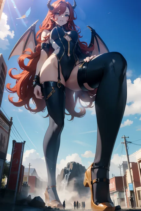 giant girl 50,000 feet high，Have a pair of long legs，Possessing a pair of huge demon wings，Has red waist-length hair，Loose hair，Wearing a pair of Mary Jane shoes，red curly hair，A look of enjoyment，Standing tall in a small town crowded with people, destroyi...