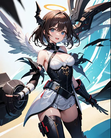 fantasy, 1angel_girl,child, loli,brown_hair, medium_bob_hair, long_bangs, halo,bare_shoulder,thighhighs,silver_armor, waist_armor, large_breasts,angry,grinning,open_mouth_teeth, 1pair_wings, dynamic_pose_fighting,floating, bare_crotch, headgear,gauntlet, g...