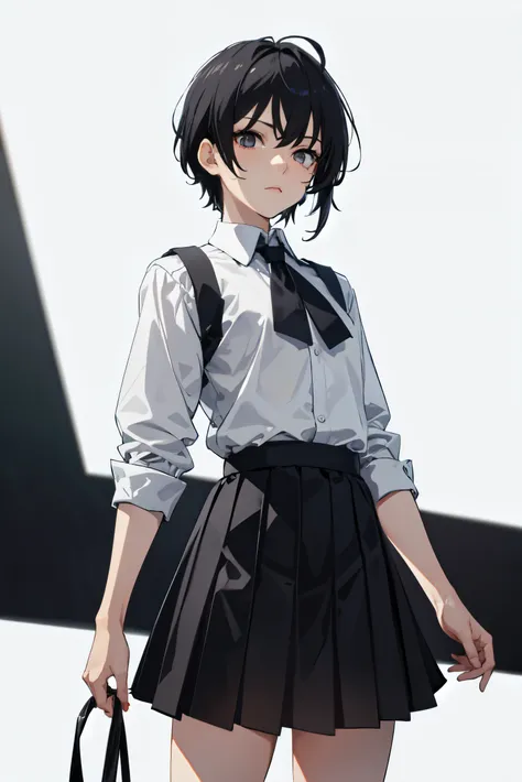 black hair　shortcut　black eye　　cool girl　dark look　Expressionless　Kuroko under the right eye　dark circles under the eyes　Gray uniform　red tie　white shirt