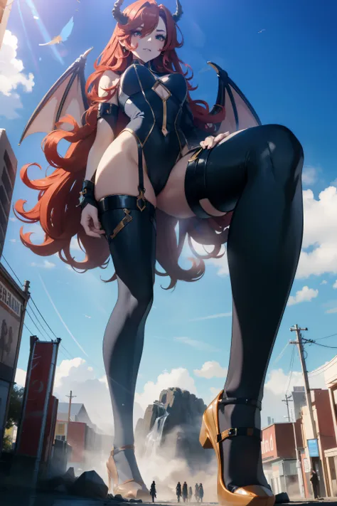 giant girl 50,000 feet high，Have a pair of long legs，Possessing a pair of huge demon wings，Has waist-length red hair，loose hair，Wear a pair of Mary Jane shoes，red curly hair，A look of enjoyment，Standing in a crowded town, wantonly destroy them，As if it is ...