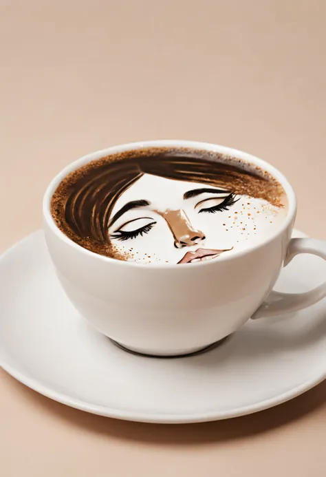 visage de femme dessiné sur la mousse dune tasse de café, style photographie