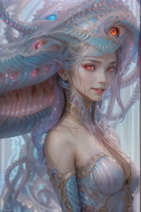 scary and sexy detailed art in color, portrait, (beautiful and obscene female alien:1.4), (vulgarity1.5), (she has red eyes with...