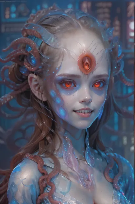 scary and sexy detailed art in color, portrait, (beautiful and obscene female alien:1.4), (vulgarity1.5), (she has red eyes with...