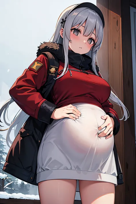 1 girl, long gray hair, Russian girl, Russian text, Cyrillic text, big pregnant, winter jacket, USSR uniform style, winter, at trimester pregnancy, rubbing belly, at Moskow, facing at camera