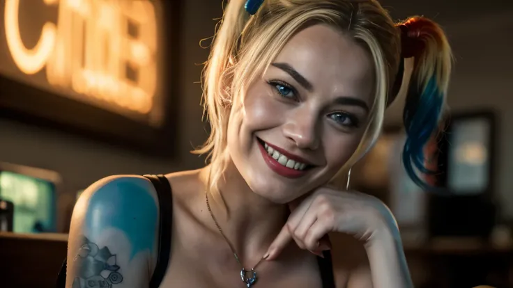 Harley Quinn Margot Robbie (best quality, neckline top with large breasts, big butt, shapely legs, nipple sticker, tattoo below navel office room, masterpiece, ultra detailed, highest quality photography, 4k quality, best quality, textured skin, anatomical...