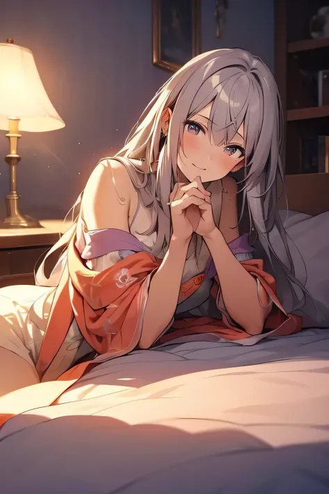 dragon girl，Lying in bed，Palm dragging over your face，looking at camera，Silver-white long hair falling，The orange bedside lamp makes everything extremely warm.，faint smile，looking at you with affection，Purple pupils