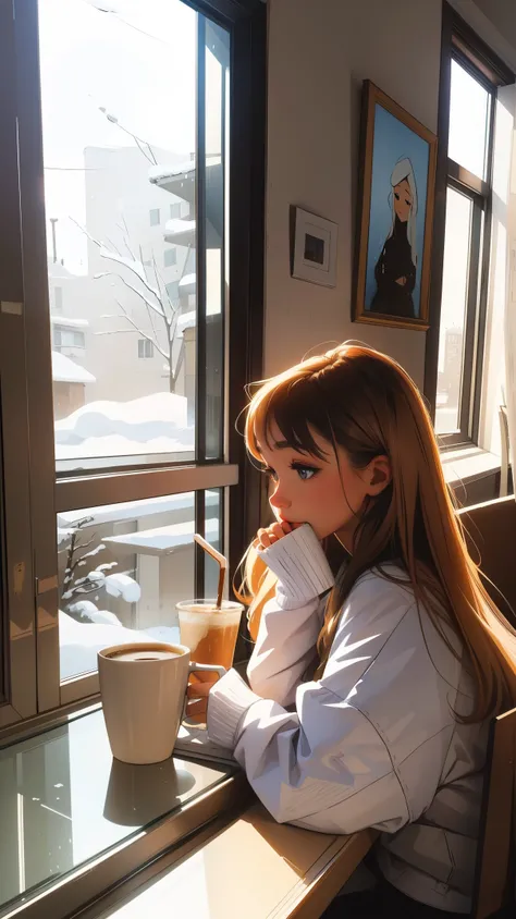 Snowy day.There is a woman drinking a cup of coffee, portrait of Lopi on the window, beautiful digital art, portrait of morning coffee, realistic illustration of a cute girl, near the window, beautiful digital illustration, morning coffee, girl on the wind...