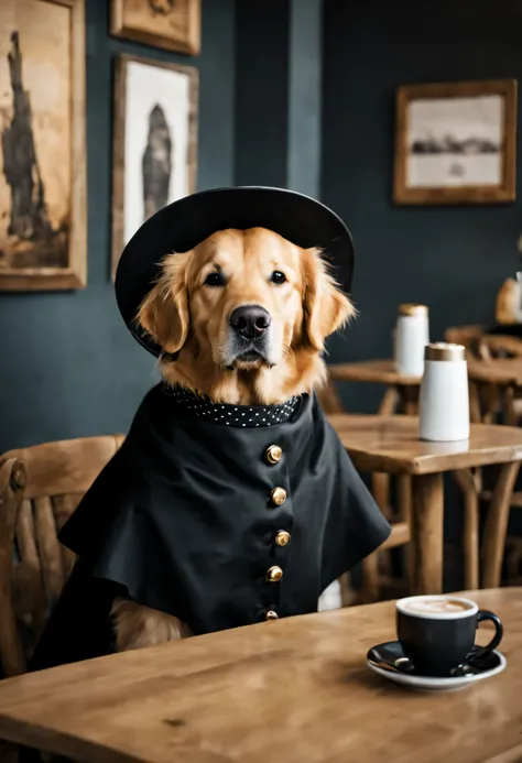 Golden retriever, heureux, habillé avec un costume noir, boit une tasse de café, dans une cafétéria, style photographie