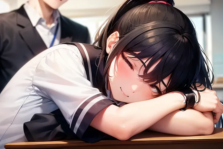 1boy,1girl,18 years old,black hair((girl hairstyle:ponytail)), black eyes,((girl wearing sailor school uniform)),((boy wearing school uniform)), classroom,((boy sleeping happy face down on the desk)),best quality, 