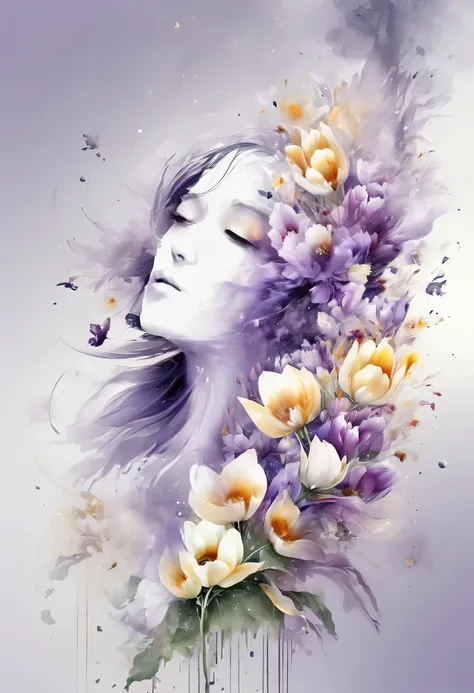 This watercolor flower painting presents an elegant and fresh visual effect。Field of wildflowers and tulips，Forming the perfect combination of nature and romance。The screen is dominated by a white background，Highlight isolated watercolor flower。Splash tech...