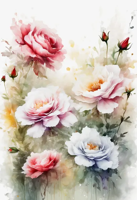 this watercolor flower painting presents an elegant and fresh visual effect。wildflowers and roses in the field，forming the perfe...