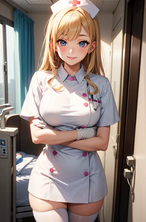 1 female, alone, nurse, nurse cap, White nurse uniform, ((white legwear, zettai ryouiki)), white gloves, blonde hair, blue eyes, pink lips, smile, Are standing, ((hospital room)), sharp outline, short sleeve, mature woman, 35 years old, highest quality, ma...