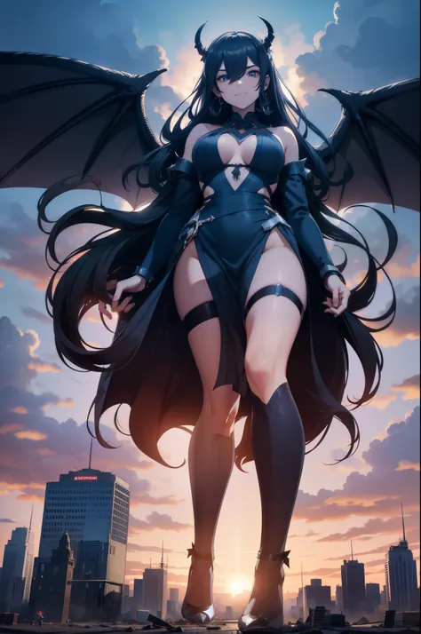 Aerial View，Giant girl 50,000 feet tall，Have a pair of long legs，Possessing a pair of huge demon wings，Has blue waist-length hair，Loose hair，Wearing a pair of Mary Jane shoes，Blue curly hair，A look of enjoyment，Standing tall over a ruined city，Beautiful ap...