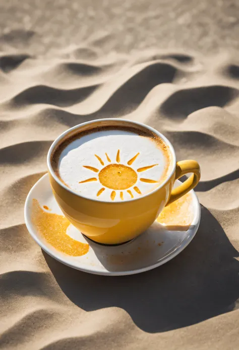 Tasse de café avec un soleil dessiné avec la mousse en surface, style photographie