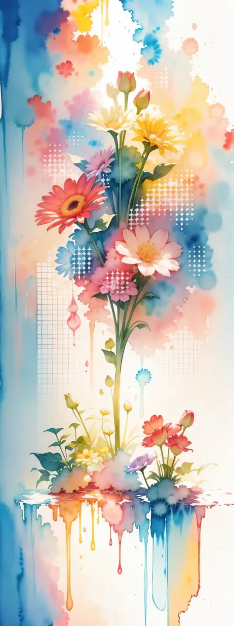 watercolor art, (watercolor painting: in this ethereal scenery, colorful flowers), dreams and reality are intertwined. the air i...