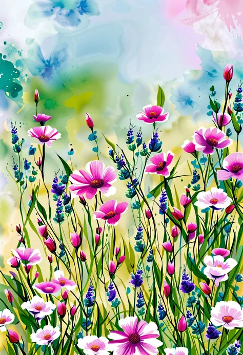 This watercolor flower painting presents an elegant and fresh visual effect。Wildflower and lavender fields，Forming the perfect combination of nature and romance。The screen is dominated by a white background，Highlight isolated watercolor flower。render with ...