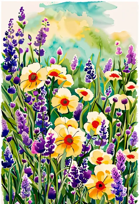 This watercolor flower painting presents an elegant and fresh visual effect。Wildflower and lavender fields，Forming the perfect combination of nature and romance。The screen is dominated by a white background，Highlight isolated watercolor flower。render with ...