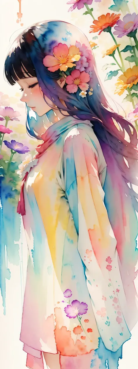 watercolor art, (watercolor painting: In this ethereal scenery, colorful flowers), Dreams and reality are intertwined. The air is filled with the intoxicating fragrance of flowers, Exquisite perfume symphony. Flowers seem to release the soul, Their essence...