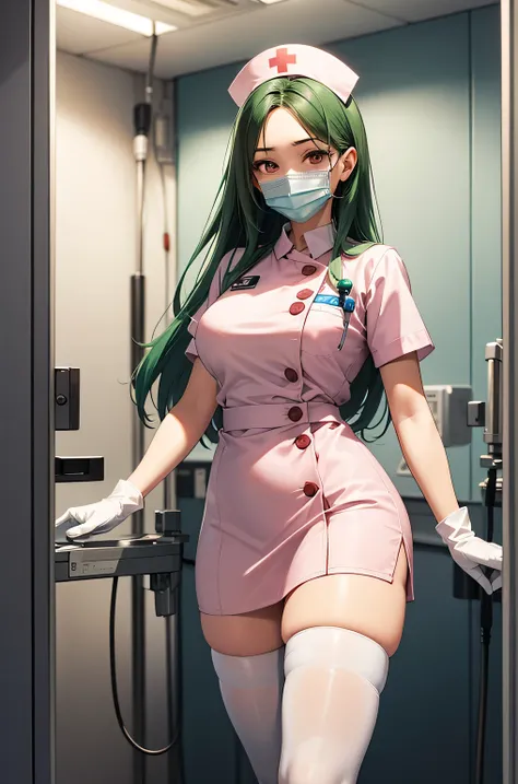 1 female, alone, nurse, nurse cap, White nurse uniform, ((white legwear, zettai ryouiki)), white gloves, amount, long hair, green hair, pink eyes, ((White surgical mask, Covered nose)), Are standing, ((hospital room)), sharp outline, short sleeve, mature w...