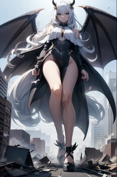 Aerial View，giant girl 50,000 feet high，Have a pair of long legs，Possessing a pair of huge demon wings，Has waist-length white hair，loose hair，Wear a pair of Mary Jane shoes，white curly hair，A look of enjoyment，Standing over a ruined city，Beautiful appearan...