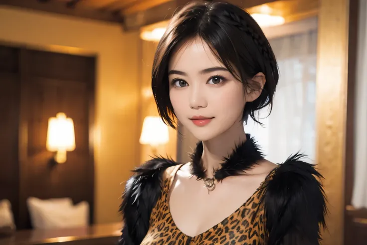 145
(20 year old woman,Animal print costume), (surreal), (High resolution), ((beautiful hairstyle 46)), ((short hair:1.46)), (gentle smile), (breasted:1.1), (lipstick)
