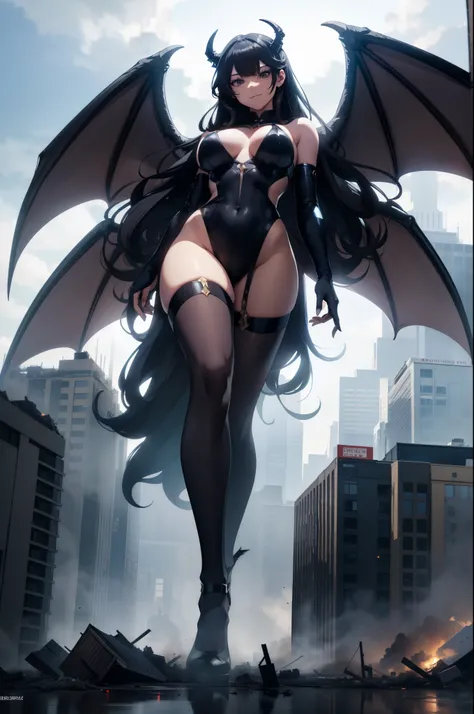 Aerial View，Giant girl 50,000 feet tall，Have a pair of long legs，Possessing a pair of huge demon wings，Has black waist-length hair，Loose hair，Wearing a pair of Mary Jane shoes，black curly hair，A look of enjoyment，Standing tall on a destroyed city，Beautiful...