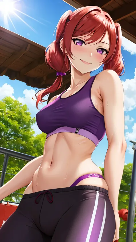 masterpiece, best quality,(NSFW:0.9),pov, from below,Nishikino maki, standing,purple eyes, smile, low twintails, tank top, gym pants, sweating,Plants,sun, light ray, Closed mouth, after workout ,skin tight