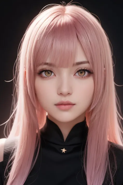 1girl, star eye, blush, perfect illumination, gradation color hair, yellow eyes, unreal engine, sidelighting, detailed face, bangs, bright skin, simple background, dark background, light rim