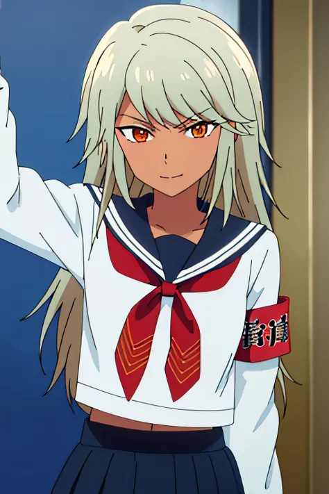 KIKI MAJIMA, LONG HAIR, DARK SKIN, DARK-SKINNED FEMALE, (ORANGE EYES:1.3), WHITE HAIR, LONG SLEEVES, SCHOOL UNIFORM, SERAFUKU, SAILOR COLLAR, NECKERCHIEF, ARMBAND, RED NECKERCHIEF,, 1girl, solo, facing viewer, looking at viewer, upper body, smile