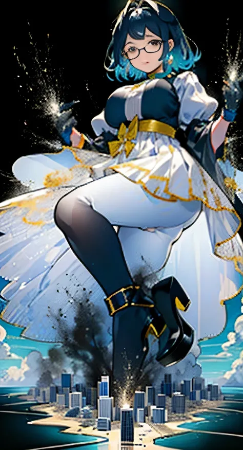 Giantの芸術, 非常に詳細なGiantショット, Giant, short hair, black pantyhose, A giant princess much bigger than a skyscraper, wearing rimless glasses, big breasts, big ass, White luxury dress, white pantyhose, white high heels, very small metropolis, miniature metropolis...