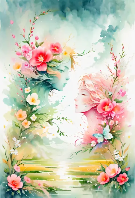 this watercolor flower painting presents an elegant and fresh visual effect。wild flowers and peach blossoms intertwined in the f...