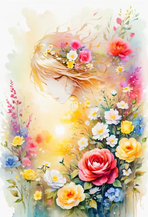 This watercolor flower painting presents an elegant and fresh visual effect。Wildflowers and roses in the field，Forming the perfect combination of nature and romance。The screen is dominated by a white background，Highlight isolated watercolor flower。Splash t...