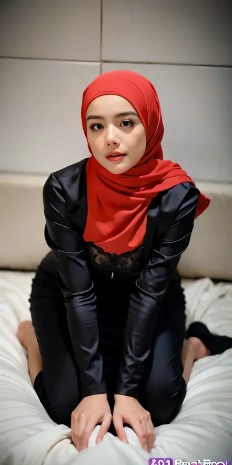 1 matured malay girl in hijab wear sexy wet black satin bra and panties kneeling, nighttime, full body, close-up, seducing, big ...