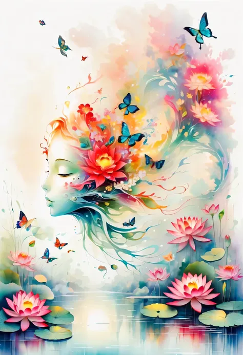 this watercolor flower painting presents an elegant and fresh visual effect。lotus flowers and butterflies intertwined in the lak...