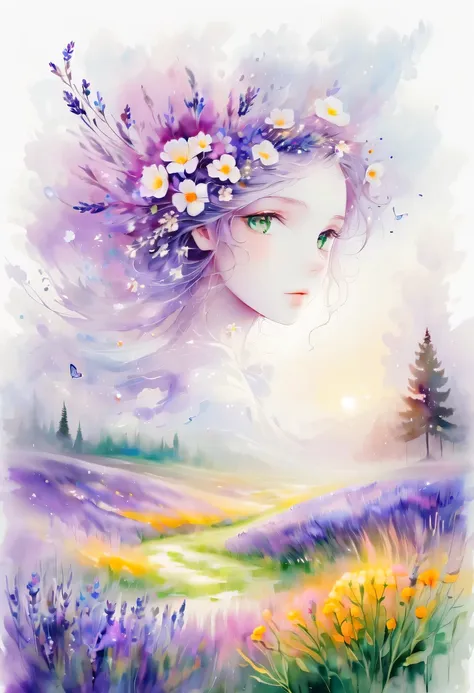 this watercolor flower painting presents an elegant and fresh visual effect。wildflower and lavender fields，forming the perfect c...