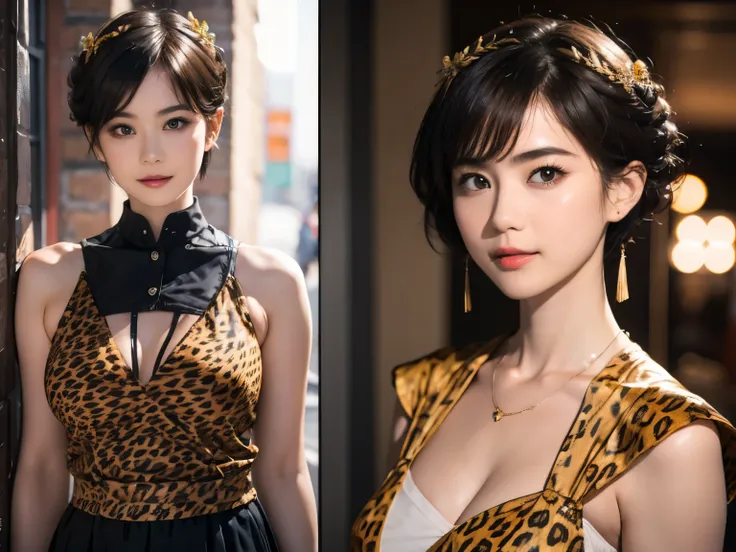 145
(20 year old woman,Animal print costume), (surreal), (High resolution), ((beautiful hairstyle 46)), ((short hair:1.46)), (gentle smile), (breasted:1.1), (lipstick)
