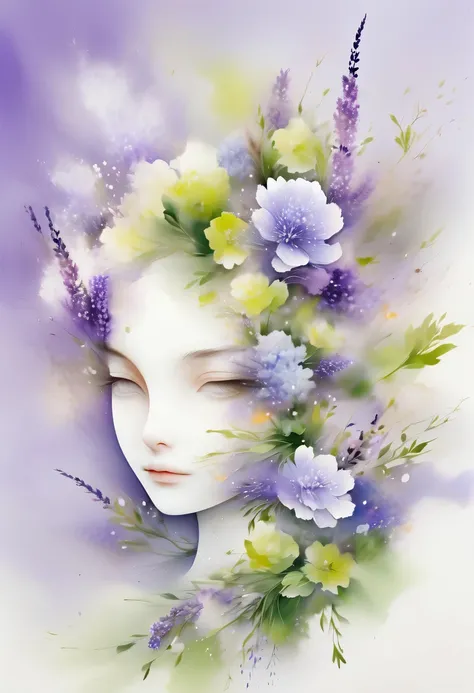 This watercolor flower painting presents an elegant and fresh visual effect。Wildflower and lavender fields，Forming the perfect combination of nature and romance。The screen is dominated by a white background，Highlight isolated watercolor flower。Splash techn...