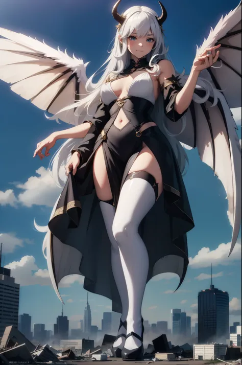 Aerial View，Giant girl 50,000 feet tall，Have a pair of long legs，Possessing a pair of huge demon wings，Has white waist-length hair，Loose hair，Wearing a pair of Mary Jane shoes，white curly hair，A look of enjoyment，Standing tall on a destroyed city，Beautiful...