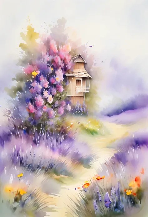 watercolor painting， flowers，There are many wild flowers in the fields，Lavender