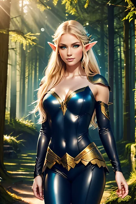 medieval setting, full view of body, (detailed elf ear, 1 woman, elven featured face, beautiful green eyes, blonde hair), leathe...