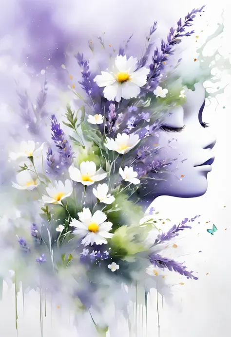 This watercolor flower painting presents an elegant and fresh visual effect。Wildflower and lavender fields，Forming the perfect combination of nature and romance。The screen is dominated by a white background，Highlight isolated watercolor flower。Splash techn...