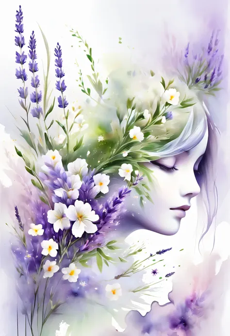 this watercolor flower painting presents an elegant and fresh visual effect。wildflower and lavender fields，forming the perfect c...