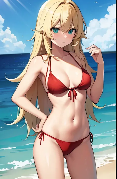 women.blonde,blonde long hair,green eyes,embarrassed,medium breasts,red side-tie bikini bottom,standing,cowboy shot,sea