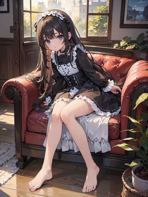 very cute female child:1.1,10 years old,gothic lolita:1.8,Dutch Angle Shots,ground-level shot,Low - Angle,full body shot,medium shot,barefoot,living room:1.5,summer,during the day,long hair,flat chest,Wind,dripping sweat:1.1,(4K)、(Raw photo:1.2)、(realism:1...